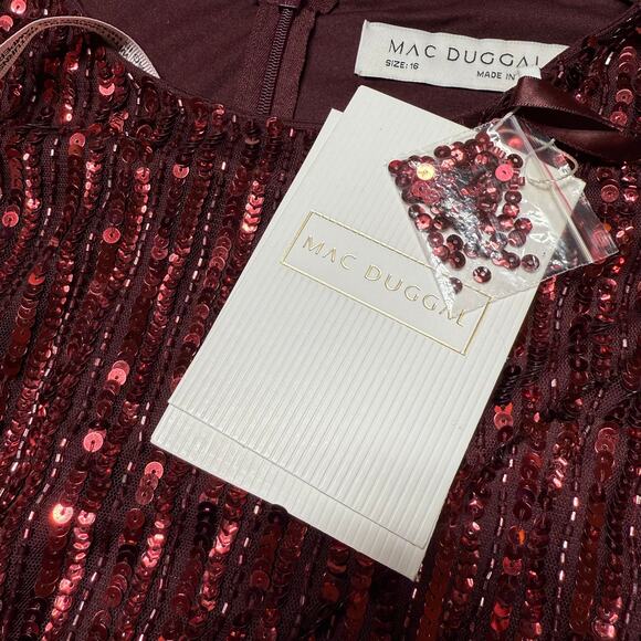 Mac Duggal NWT Red Long Sleeve Ruffle Detail Sequin Midi Dress Size 16 High Neck - Picture 5 of 10